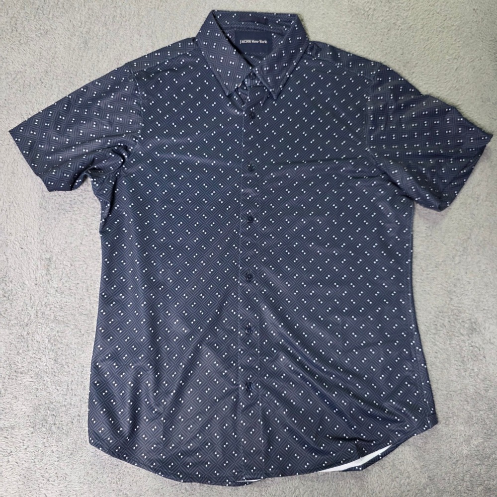 JACHS New York Mens Small Button Down‎ Shirt Navy Geometric Short Sleeve Stretch